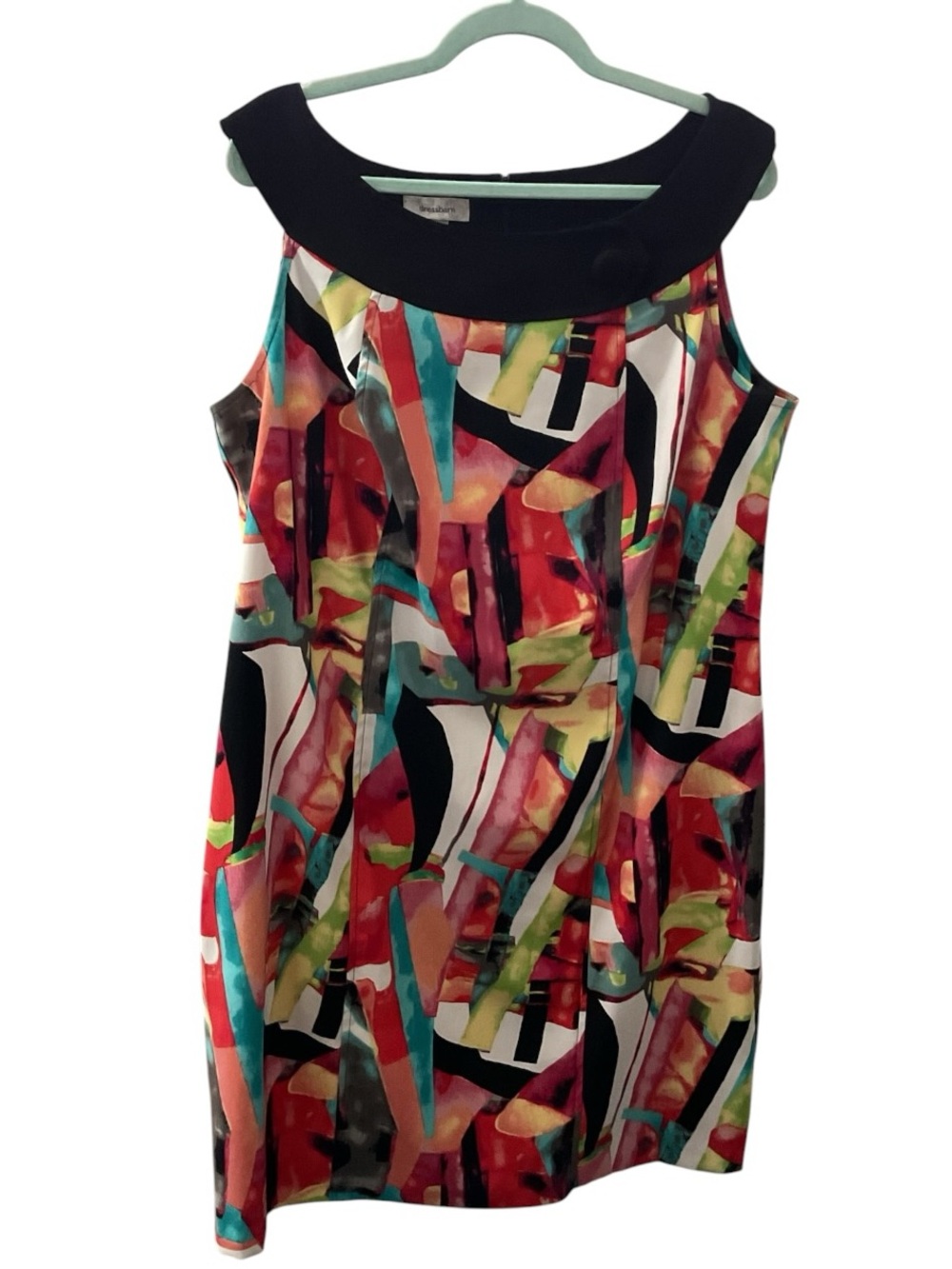 dressbarn Bold Abstract Print Shift Dress with Black Neckline
